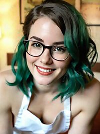 A woman wearing a white apron over a 1970s inspired outfit in a retro hotel room