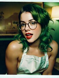 A woman wearing a white apron over a 1970s inspired outfit in a retro hotel room